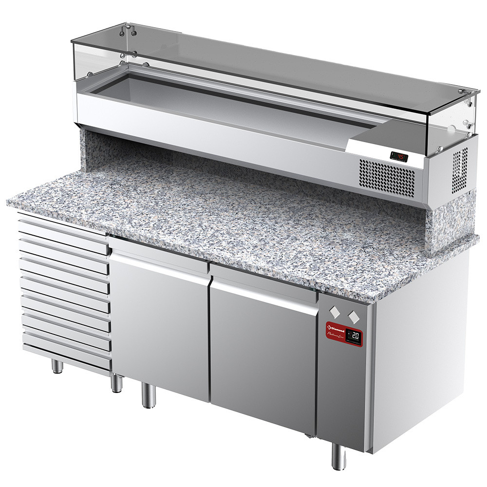 Table frigorifique ventilée DIAMOND - 2 portes, 7 tiroirs, granit