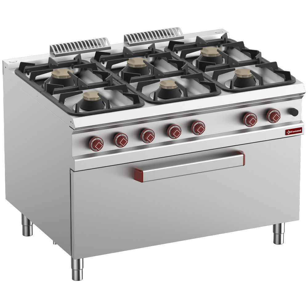 Fourneau 6 feux Diamond sur maxi four gaz - Cuisine professionnelle