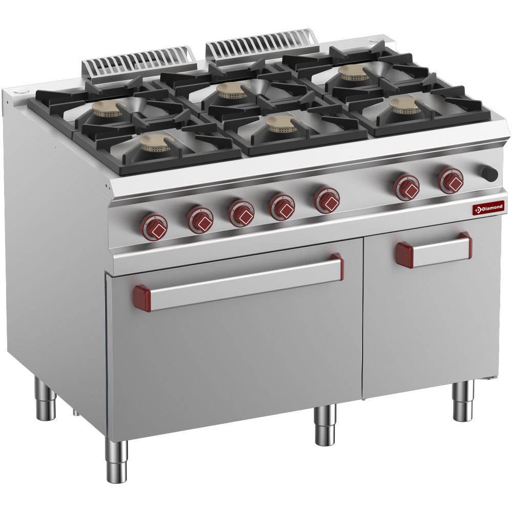 Fourneau 6 feux vifs Diamond avec four gaz GN 2/1 - Cuisine pro