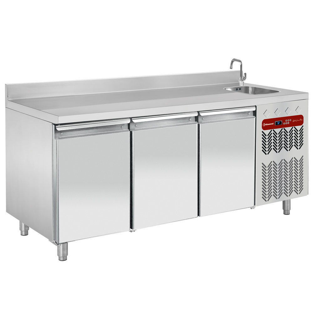 Table frigorifique murale DIAMOND 3 portes avec évier - Professionnel