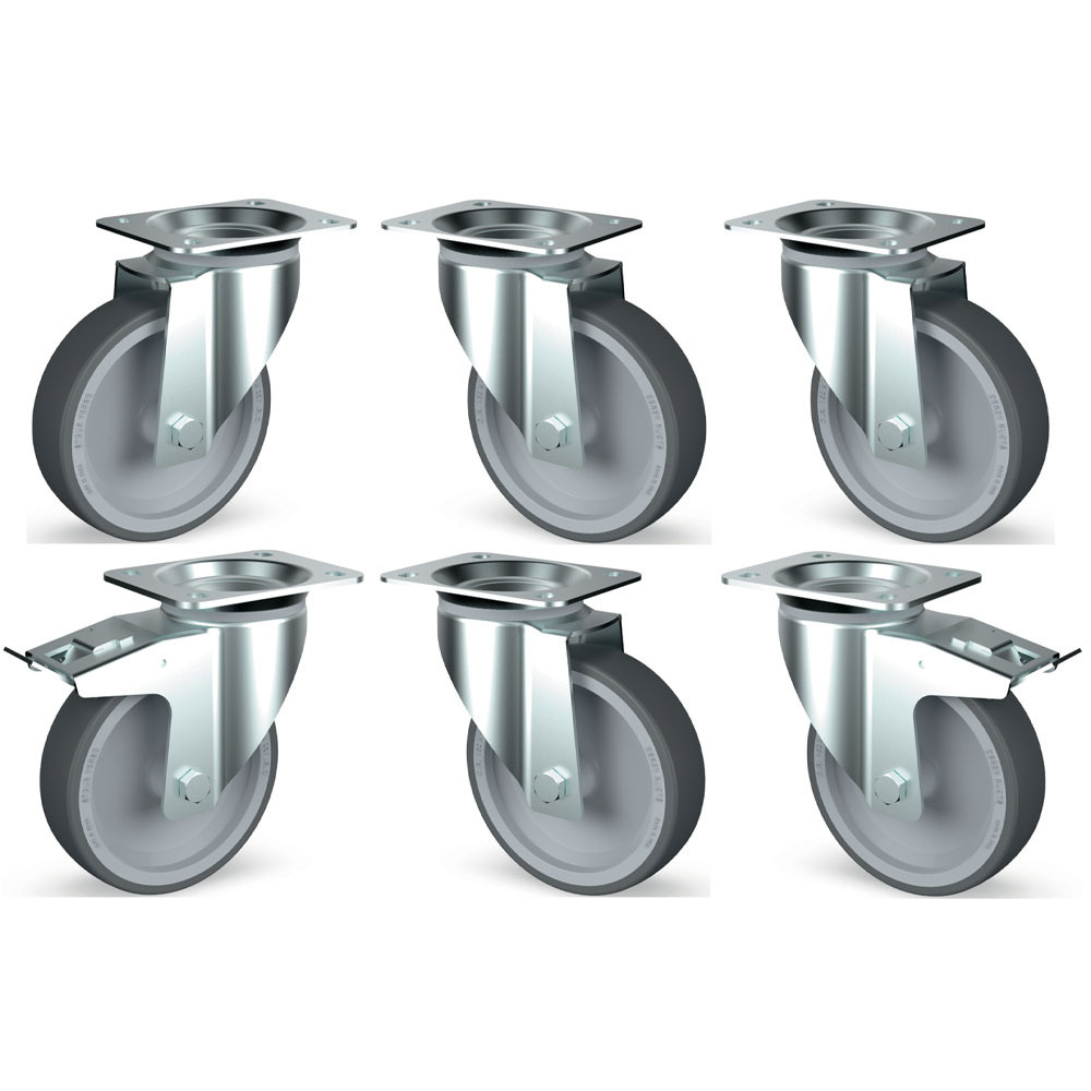 Kit 6 roues inox pivotantes DIAMOND - 2 freins pour équipement CHR