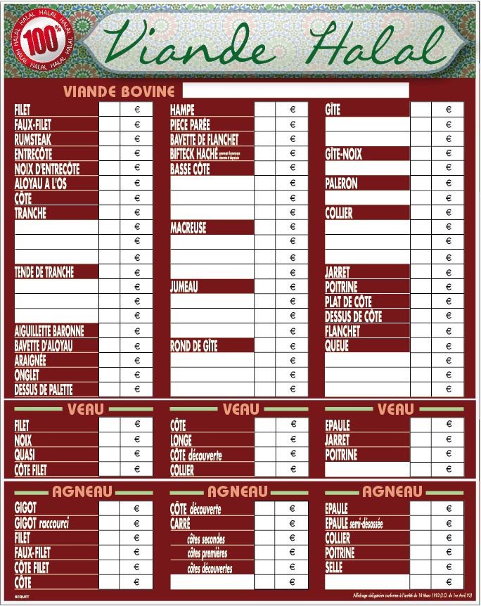 Tableau de prix viande halal L2G - Affichage boucherie 800x700 mm