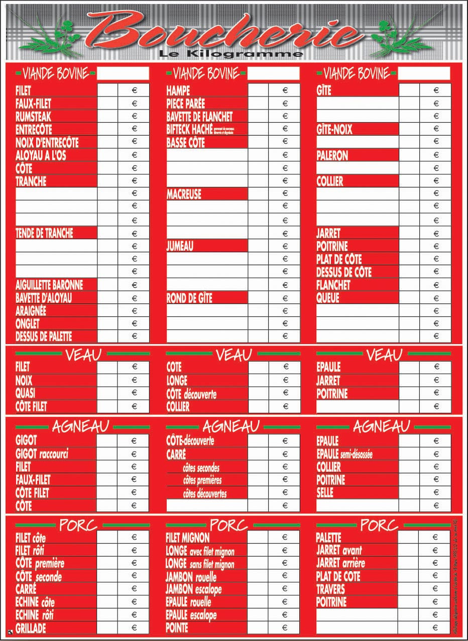 Panneau L2G pour Prix Viande Bovine, Veau, Agneau, Porc - Boucherie