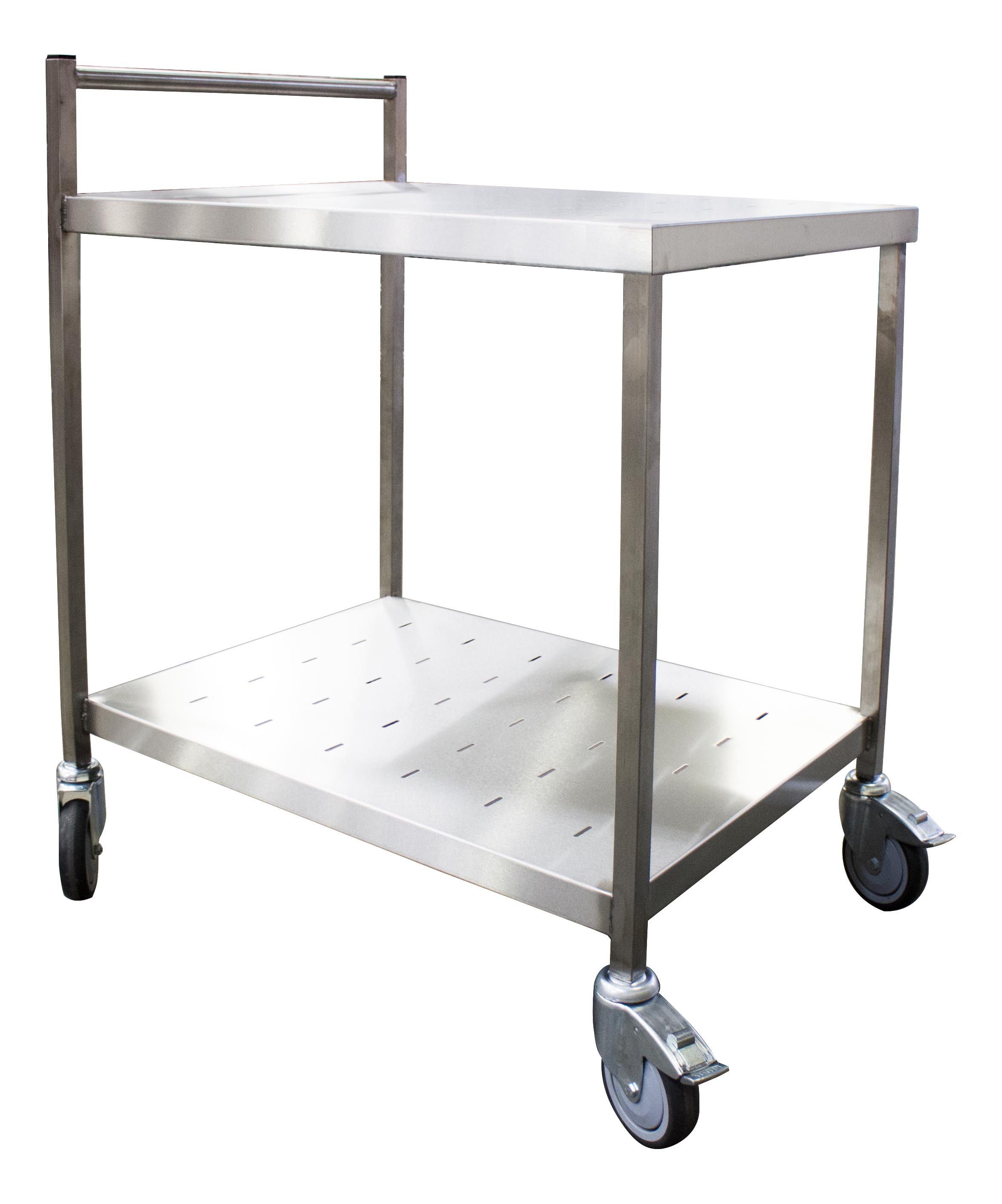 Table de service roulante inox 304 L2G - 2 niveaux, plateaux perforés