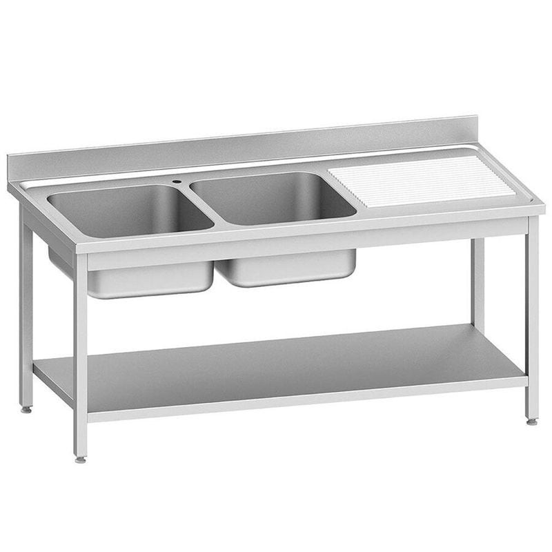 Évier inox DIVERSO 2 cuves avec égouttoir droit et tablette inférieure